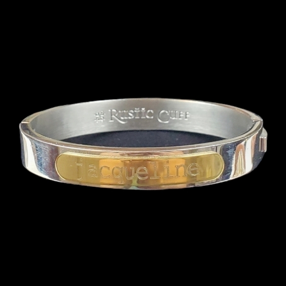 Jacqueline The Rustic Cuff Bracelet Shiny Silver Gold Tone Hinged ID ~6 7/8" - Picture 1 of 9